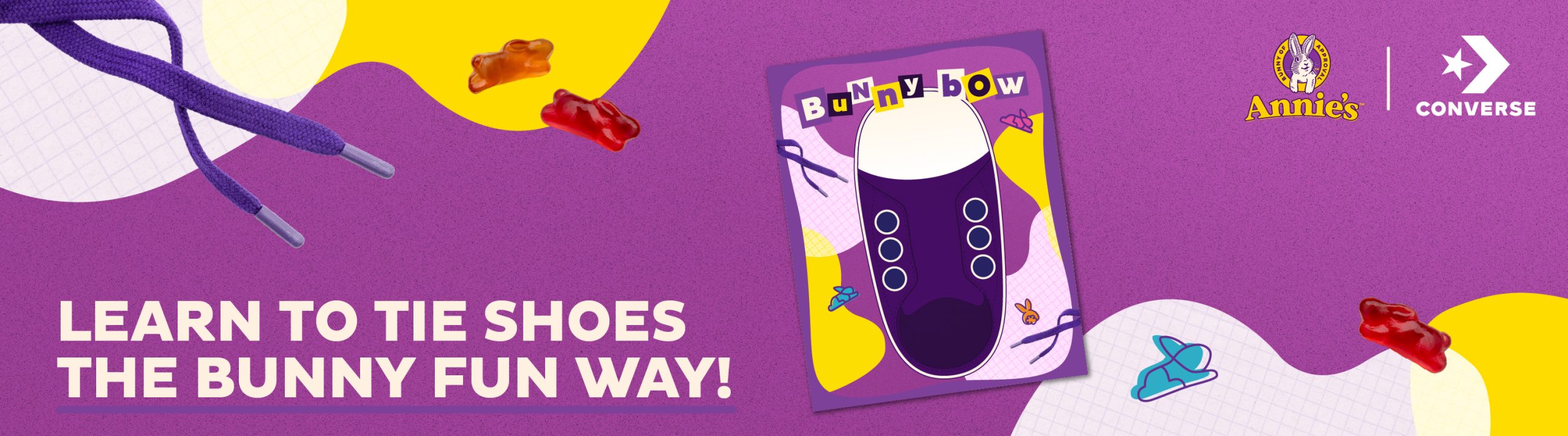 Learn to tie shoes the bunny fun way. Featuring Annies bunny bow shoelaces kit with Annies logo and Converse logo.
