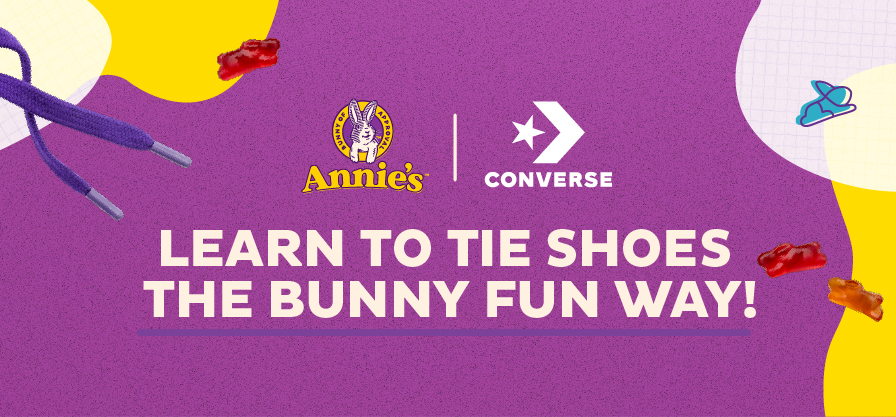 Learn to tie shoes the bunny fun way. Featuring Annies logo and Converse logo.